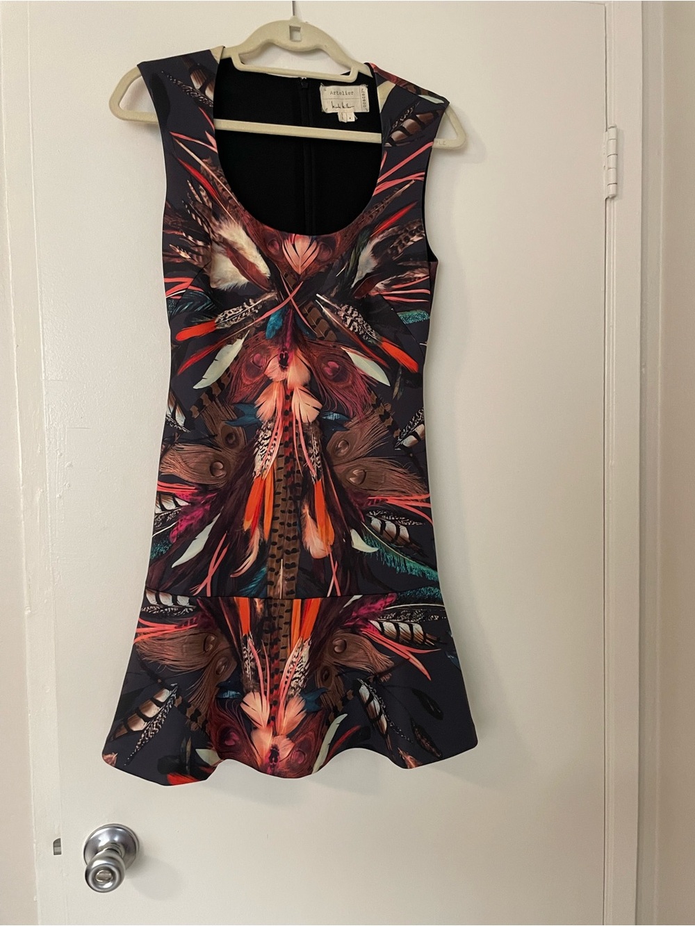 Vintage artelier Nicole Miller Black Mini Dress with Multicolor Feather Motif